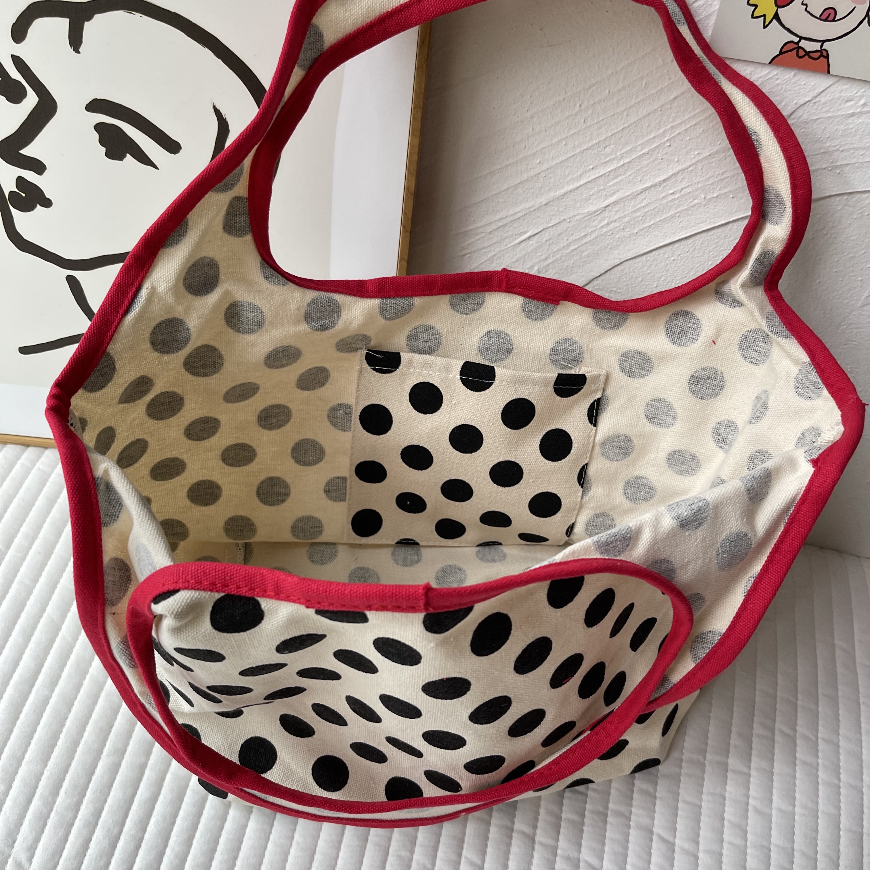 ins日系风休闲拼接撞色百搭时尚波点单肩手提帆布包饭盒袋 - 图0