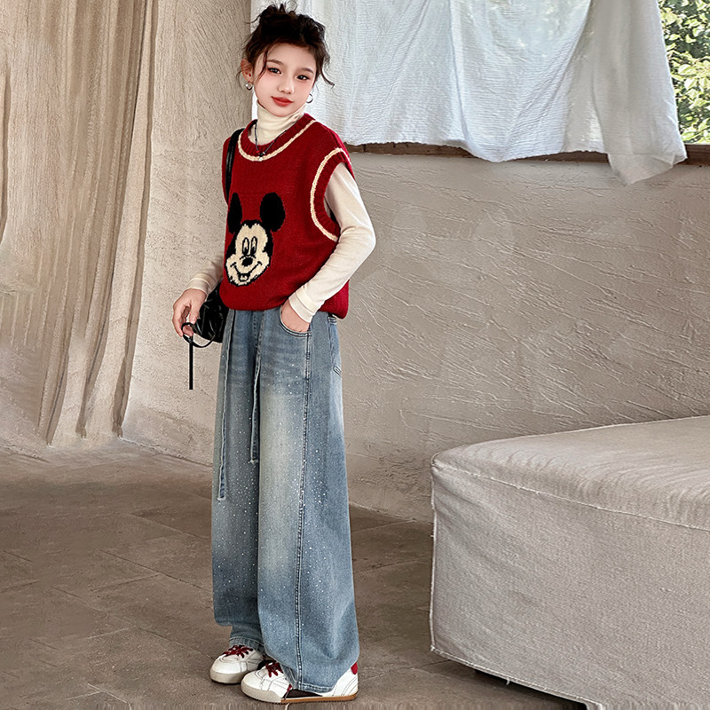 春秋女童阔腿牛仔裤烫钻洋气2026新款中大童百搭时尚长裤秋冬裤子,淘宝优惠券,粉丝福利购,淘宝优惠卷