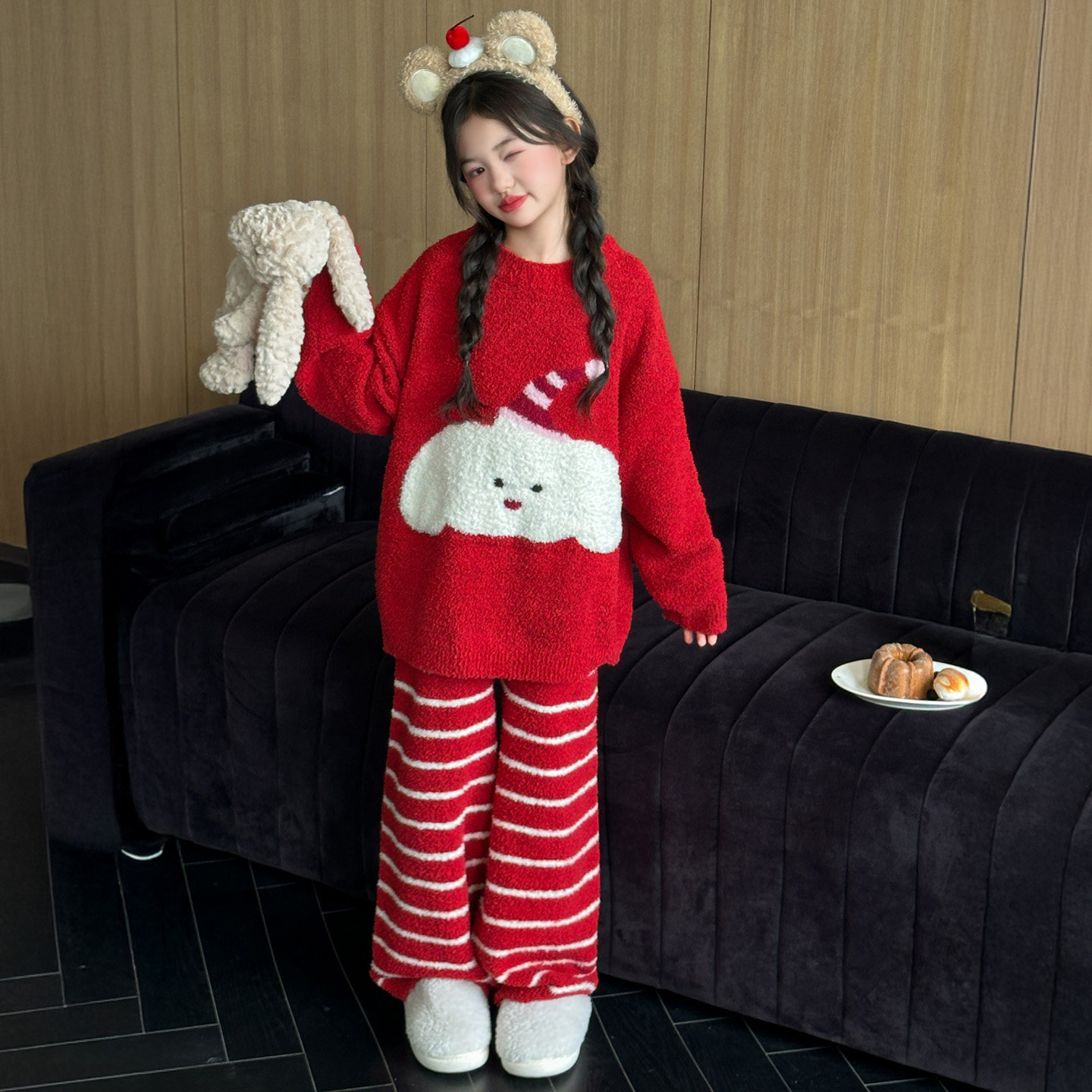 冬季儿童家居服女孩半边绒加厚保暖套装女孩红色法兰绒卡通睡衣潮,淘宝优惠券,粉丝福利购,淘宝优惠卷