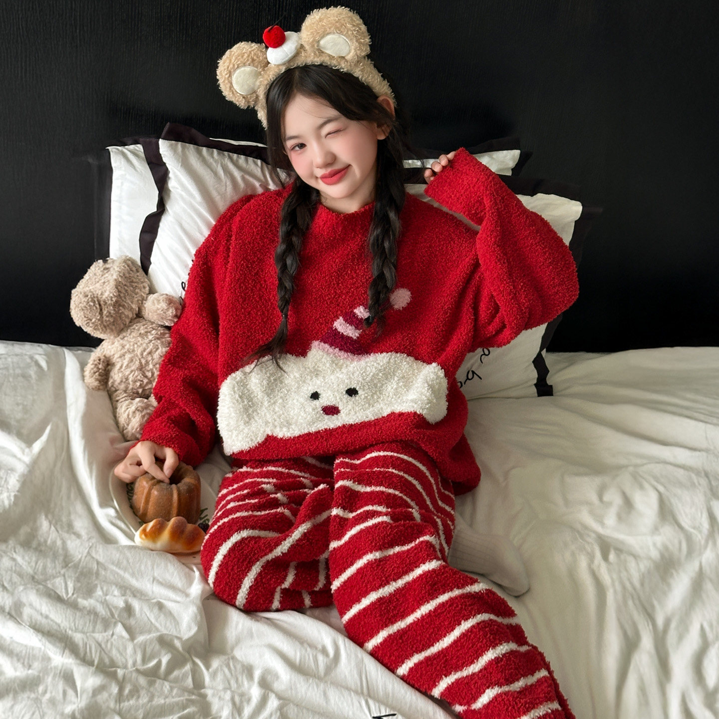 冬季儿童家居服女孩半边绒加厚保暖套装女孩红色法兰绒卡通睡衣潮,淘宝优惠券,粉丝福利购,淘宝优惠卷