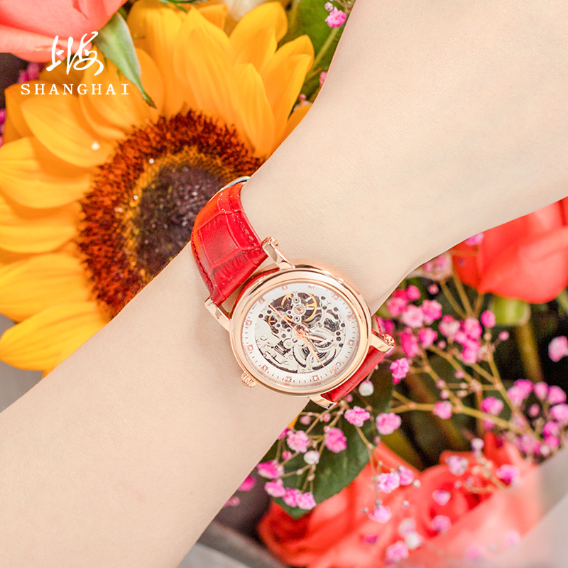 上海自动女潮流时尚镂空镶钻机械表 上海上时国产腕表