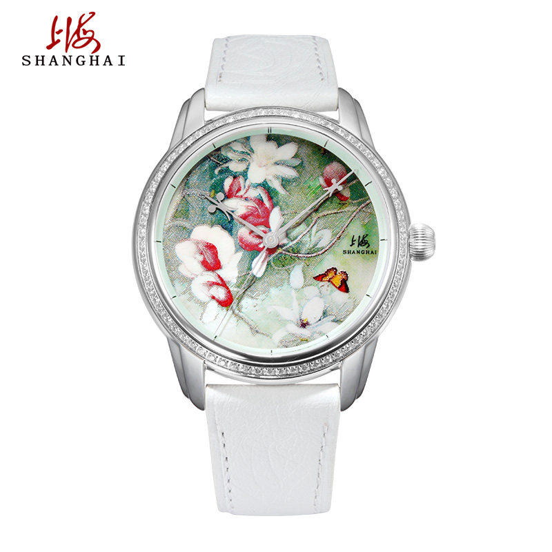 上海牌全自动机械表 精钢透底 镶钻印画文化系列 白玉兰系列女表