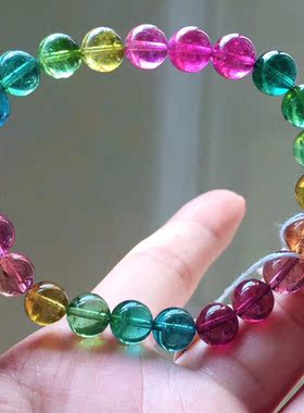天然碧玺手链彩虹碧玺手链多彩碧玺手链颜色艳丽晶体干净碧玺手链