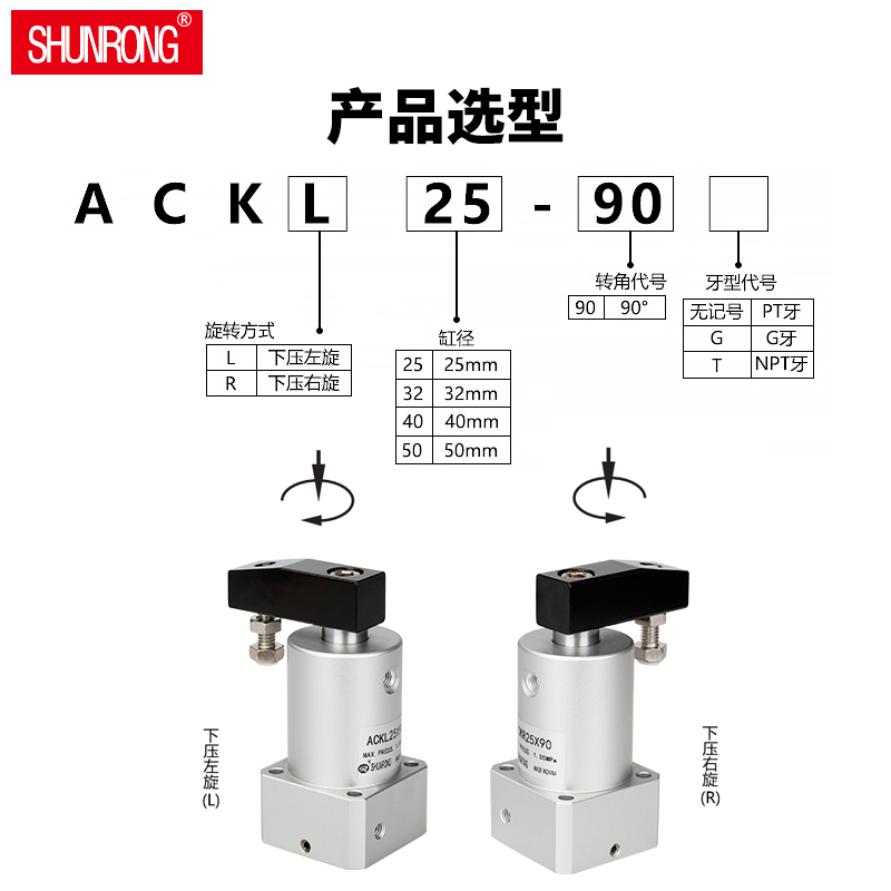 顺荣气动转角90度下压夹紧旋转气缸ACK25-32/40/50/63-90L/R/180L-图0