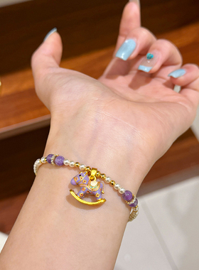 原创时尚清新紫色滴油木马吊坠珍珠项链轻奢小众气质百搭锁骨链女