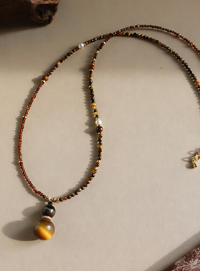 原创秋冬复古美拉德项链虎眼石葫芦福禄串珠毛衣链小众高级感女