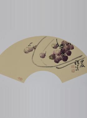 著名画家曾靖国画葡萄定制现场纯手绘扇面孤品办公室客厅装饰挂画