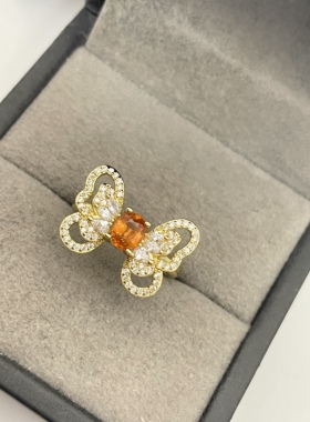 出口日本纯银镀金天然芬达石开口戒指孤品镶金品质全净体0.87克拉