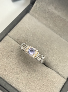 出口日本纯银镀铂金天然坦桑石开口戒指孤品宝石级全净体0.38克拉