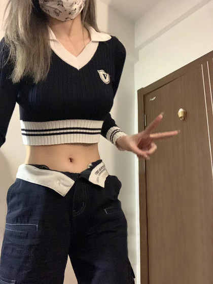 American Polo Collar Gyaru Long sleeve Knit Women Autumn V-neck Design Sense Niche Navel Chic Short Top