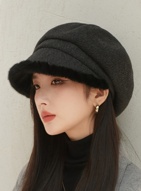 加绒保暖毛绒贝雷帽女2024新款秋冬八角帽加厚时尚堆堆帽子渔夫帽