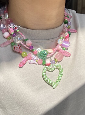 原创小众设计 樱花粉绿色琉璃爱心水晶原石 巴洛克天然珍珠项链