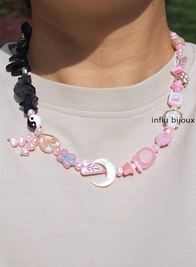 原创独立设计黑粉十字架 手工定制捷克琉璃贝母月亮甜酷项链中性