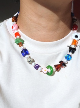 原创设计手工定制 捷克琉璃 异形珍珠多巴胺iancharms中性项链男