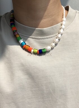 原创小众设计天然淡水大小不规则珍珠彩色琉璃珠项链男女款定制