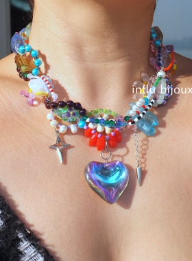 原创独立小众设计定制重工混色爱心捷克琉璃项链手作异形淡水珍珠