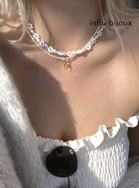 手作定制 浅紫白色雏菊串珠天然珍珠ins项链原创小众设计清新仙女