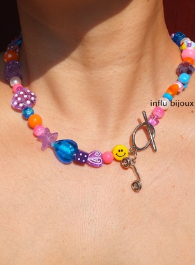 原创多元素小众设计感紫橘色捷克琉璃珍珠琉璃童趣中性项链ins男