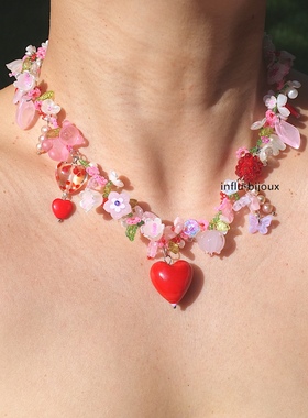 原创独立 繁复设计小众手作ins红色爱心粉色小花淡水珍珠仙女项链