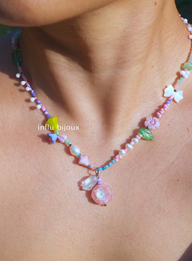 捷克琉璃粉色蘑菇小花吊坠淡水花瓣珍珠颈链 原创手作定制