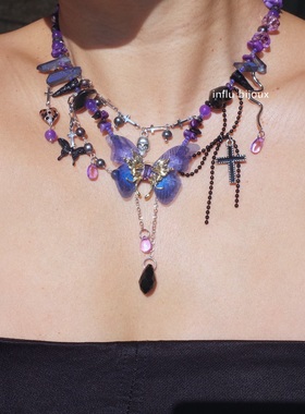 原创手作暗黑紫色小众哥特十字架骷髅 蝴蝶琉璃黑珍珠辣妹Y2K项链