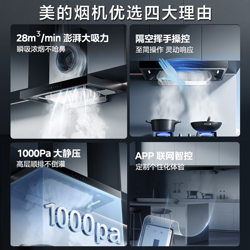 美的抽油烟机家用挥手自动清洗厨房大吸力顶吸欧式官方旗舰店烟机
