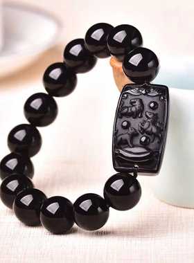 黑曜石生肖三合手链三和贵人牌排手串虎马狗猴鼠龙蛇鸡牛猪兔羊