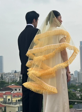 头纱新娘主婚纱长款黄色花边头饰影楼摄影拍照造型样片高级感头饰