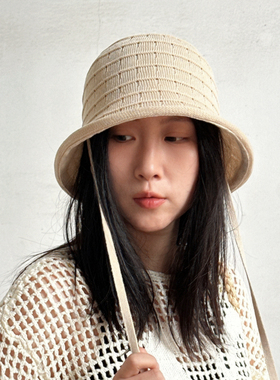 盆帽水桶帽亚麻可折叠女士夏季小众透气防晒显脸小黑色渔夫帽飘带