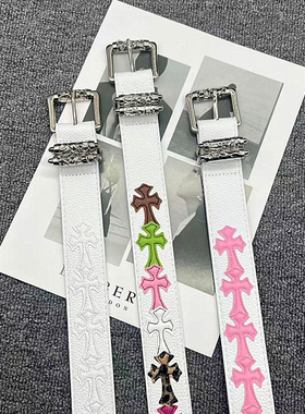 滚轮扣刺绣彩色十字架皮带藤蔓针扣腰带男女同款个性潮流百搭裤带