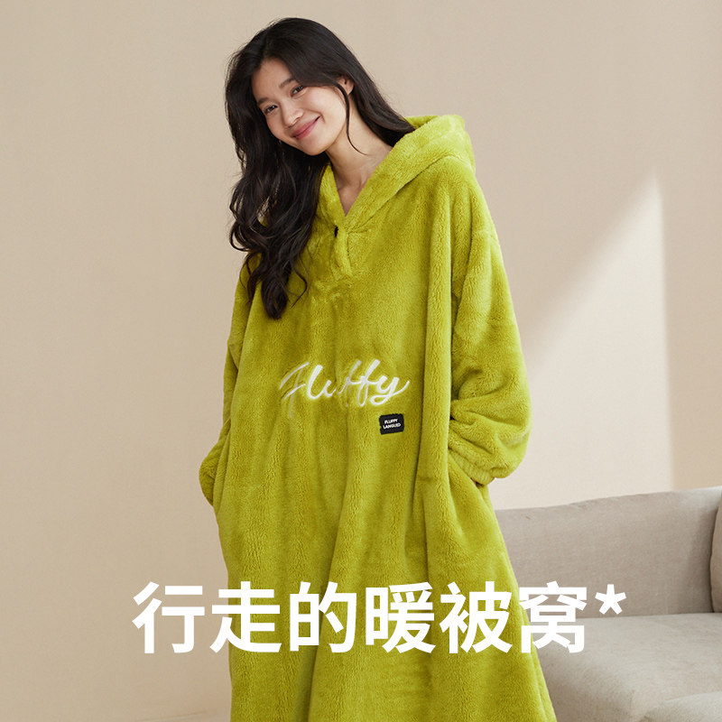 秋鹿【防静电】珊瑚绒睡衣女秋冬新款泡泡绒连帽长袖保暖睡袍,淘宝优惠券,粉丝福利购,淘宝优惠卷