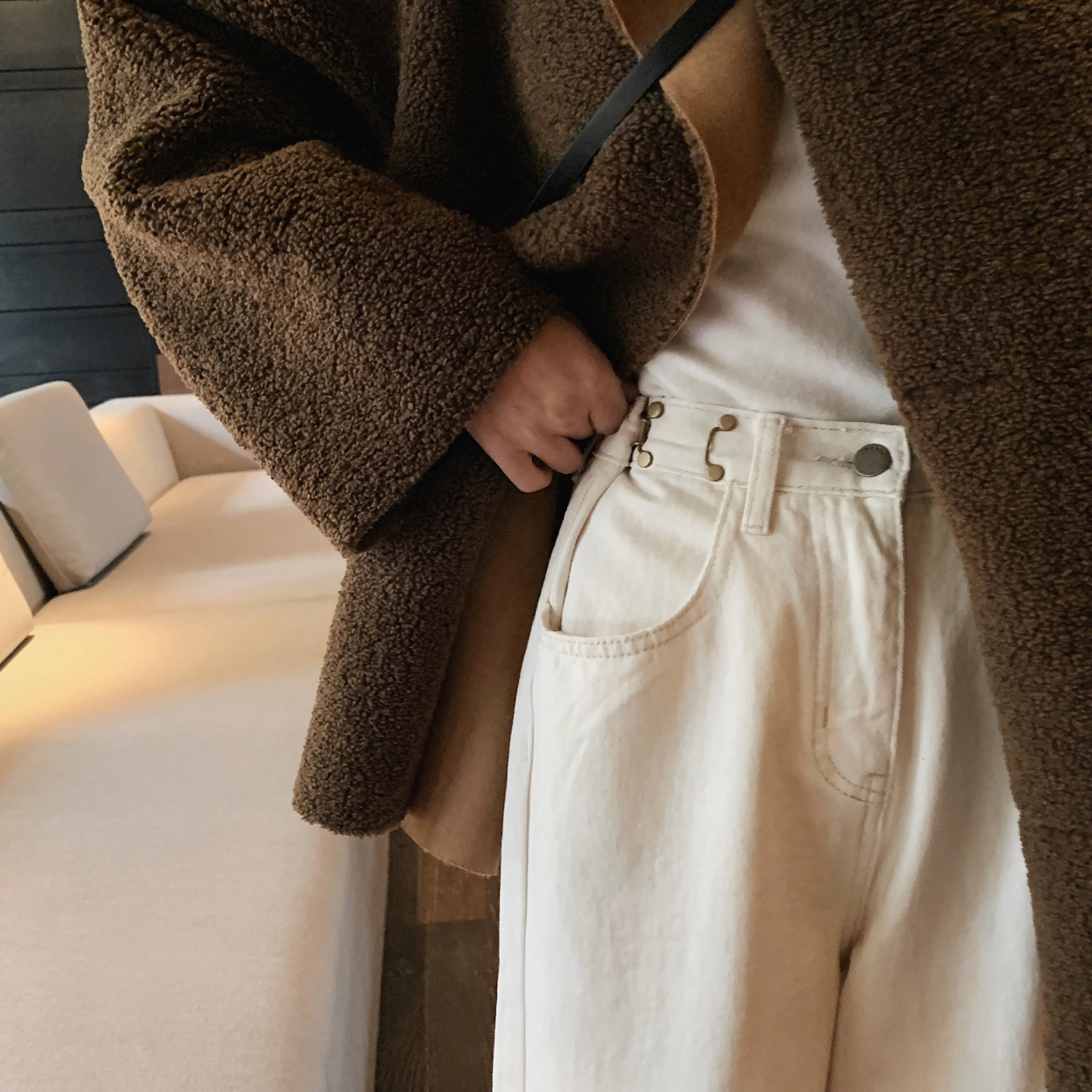 大码女装胖妹妹mm白色牛仔阔腿早春高腰宽松N显瘦直筒长裤子200斤 - 图1