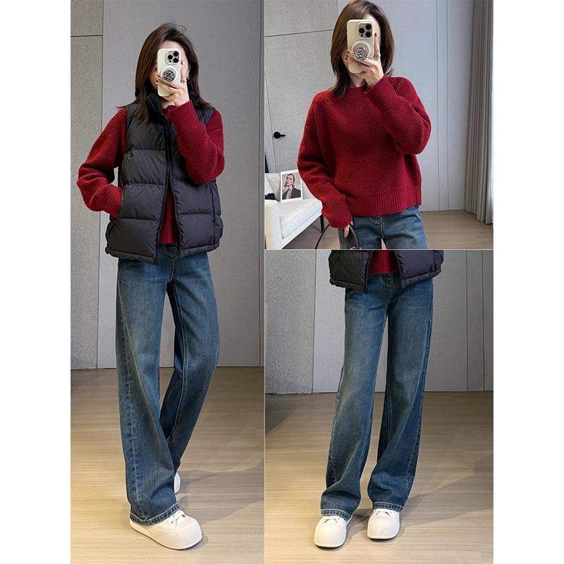 蓝灰色窄版直筒牛仔裤女秋冬新款加绒大码胖mm高腰宽松显瘦阔腿裤 - 图0