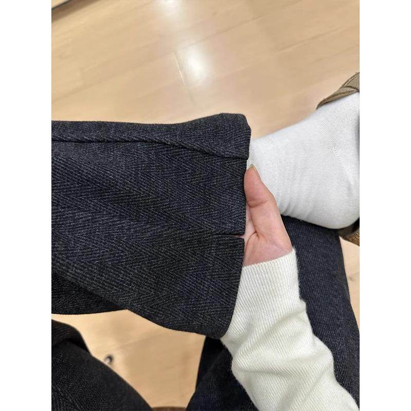 人字纹毛呢休闲裤女秋冬加绒加厚大码胖mm梨形身材垂感直筒阔腿裤,淘宝优惠券,粉丝福利购,淘宝优惠卷