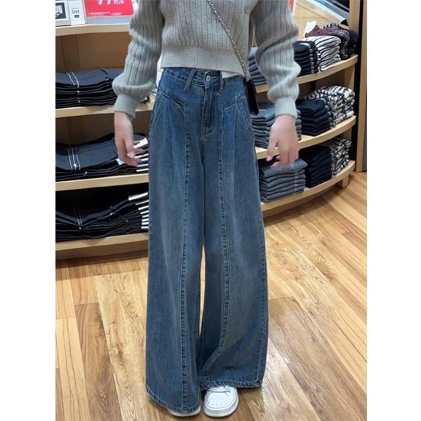 加绒阔腿牛仔裤女秋冬复古蓝直筒高腰显瘦遮胯拖地裤梨型身材裤子 - 图1