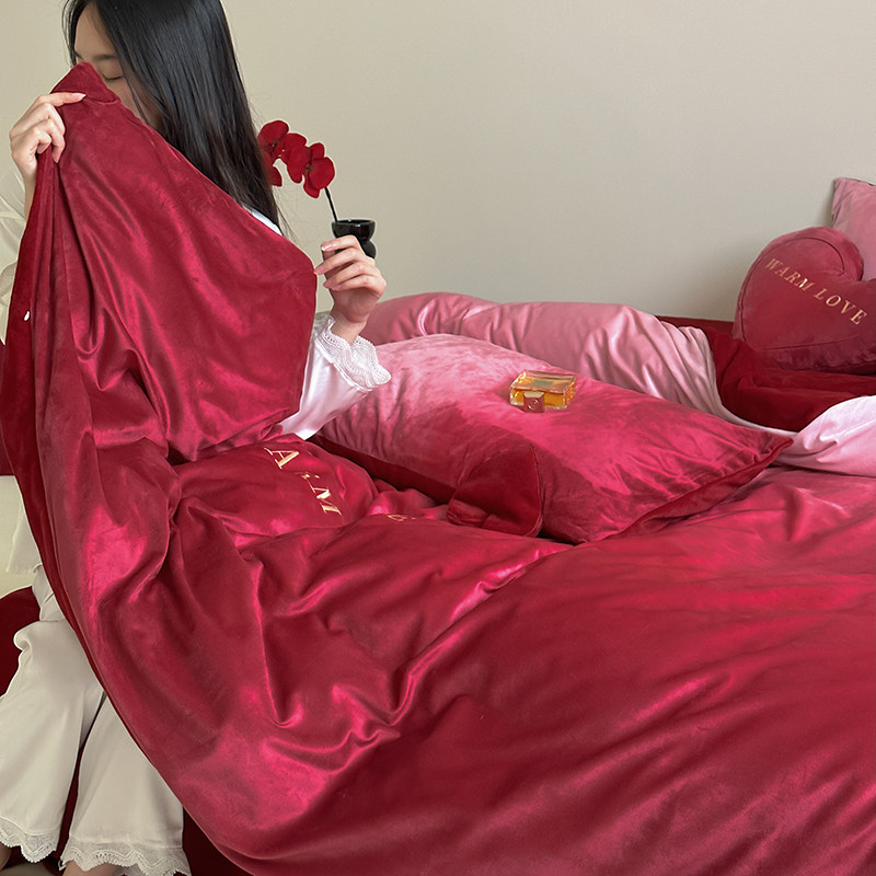 少女心牛奶绒结婚四件套冬款渐变色加厚珊瑚绒被套红色法兰绒床品,淘宝优惠券,粉丝福利购,淘宝优惠卷