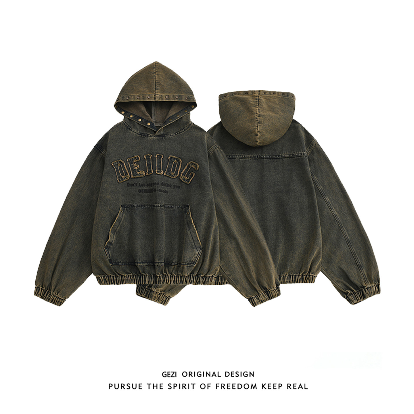 格自美式复古连帽牛仔外套男女宽松做旧卫衣潮牌字母刺绣套头夹克,淘宝优惠券,粉丝福利购,淘宝优惠卷