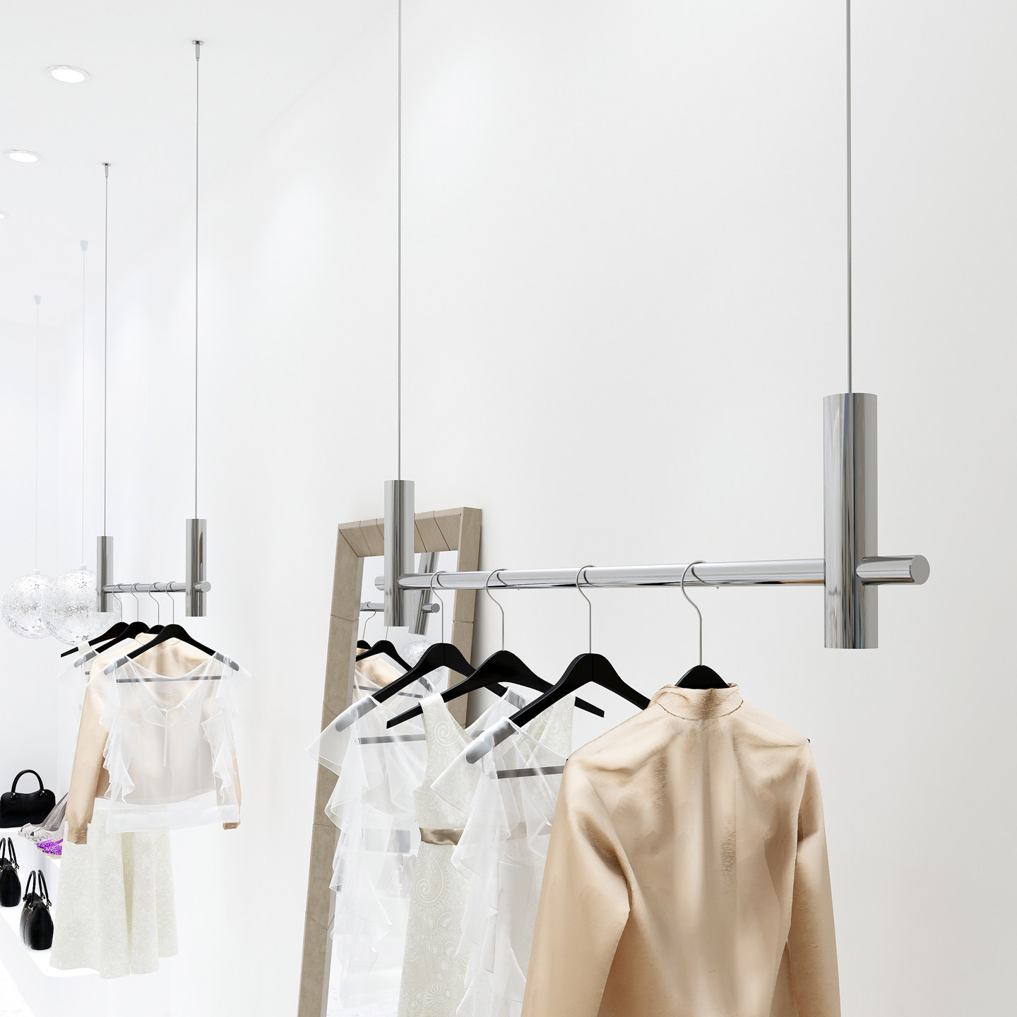 服装店橱窗吊架吊顶悬挂展示女装不锈钢拉丝侧挂婚纱礼服陈列货架,淘宝优惠券,粉丝福利购,淘宝优惠卷