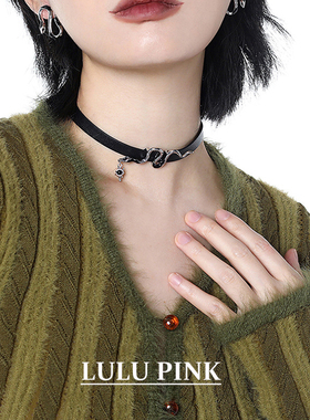 美式小众设计ins中性朋克风灵蛇项链辣妹choker黑色皮革颈链项圈