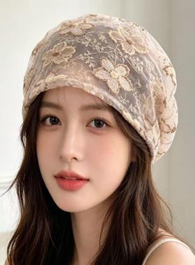 透气花卉蕾丝康复帽 套头女士月子帽光头居家头套