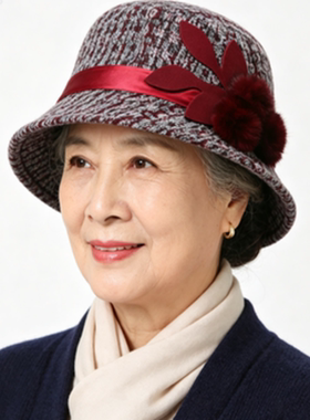 中老年秋冬女士外出保暖盆帽复古混纺呢面料立体花朵时装帽