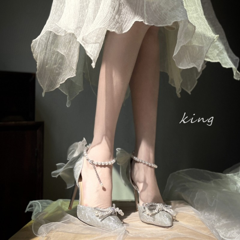 婚鞋新娘鞋法式银色高跟鞋2023年新款女18岁成人礼设计感小众细跟