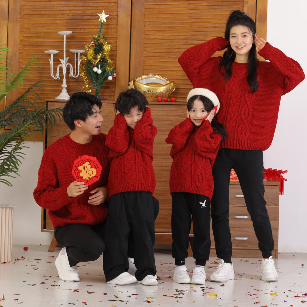 马年新年亲子装秋冬一家三四口毛衣红色麻花家庭装过年拜年服外套,淘宝优惠券,粉丝福利购,淘宝优惠卷