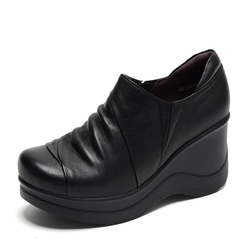 一席之地单鞋女2025新款春秋季厚底真皮圆头坡跟百搭深口松糕女鞋,淘宝优惠券,粉丝福利购,淘宝优惠卷