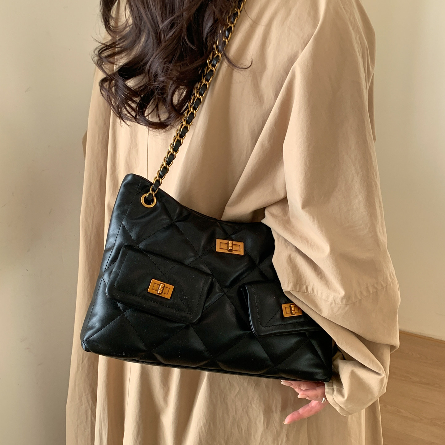 小香风菱格链条托特包女轻奢单肩腋下斜挎包大容量通勤复古hobo包,淘宝优惠券,粉丝福利购,淘宝优惠卷