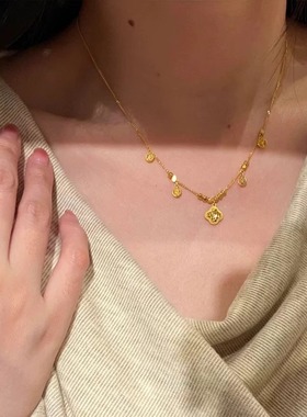 镀真金强保色古法沙金平安喜乐四叶草项链简约感轻奢锁骨链