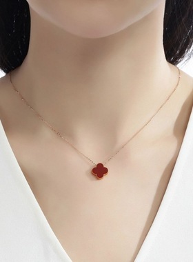 s999足银玛瑙幸运四叶草项链女感双面佩戴花朵贝壳吊坠送女友