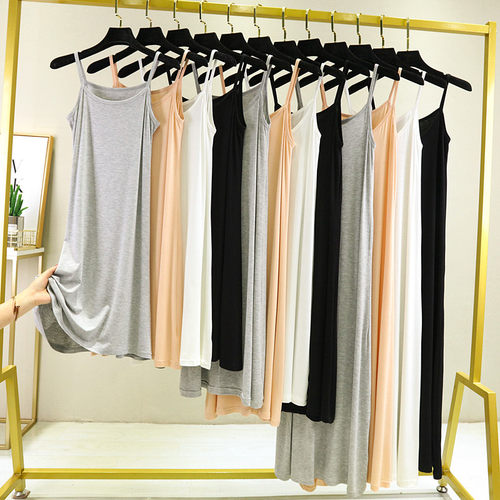 莫代尔女纯色春夏吊带连衣裙大码打底裙居家睡裙短中长无袖A字裙 - 图1