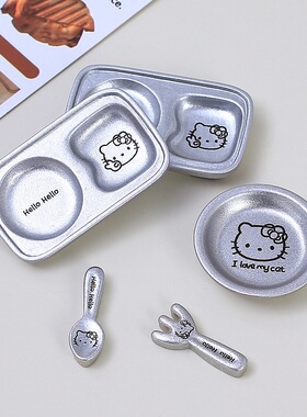 银色系KT猫咪餐盘勺子树脂配件diy发夹冰箱贴奶油胶手机壳饰品