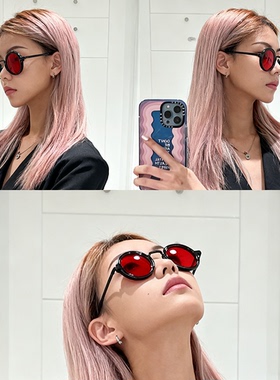 复古ins金属红片太阳镜凹造型男